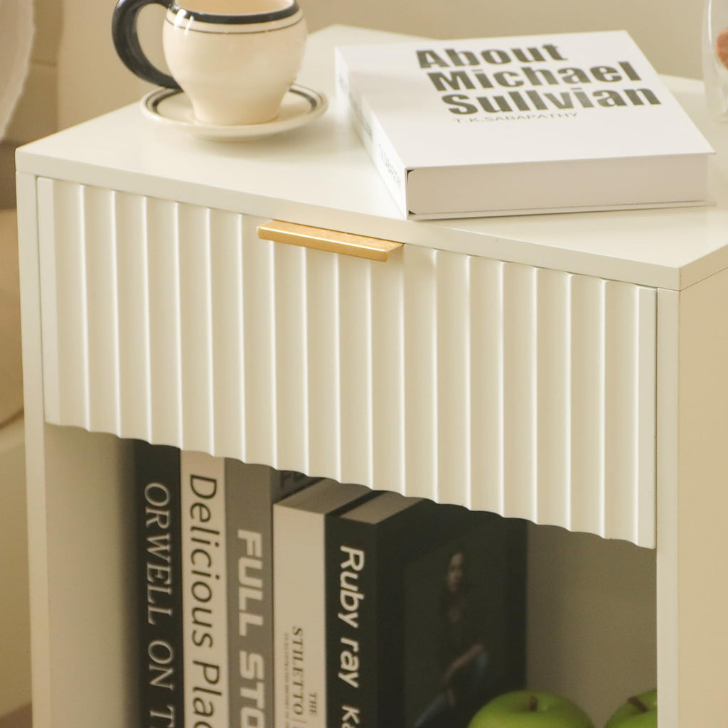 White Fluted Nightstand, Modern Bedside Table with Drawer and Shelf