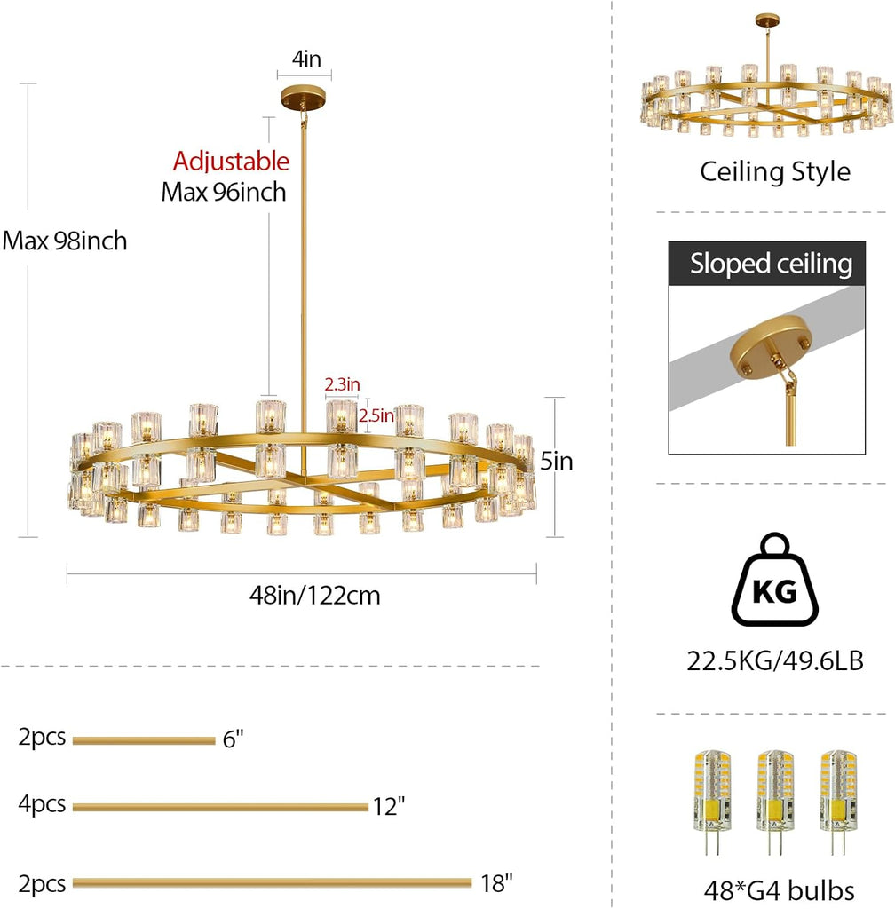 Modern Crystal Chandeliers 48in Large Brass Round Chandelier, Chandeliers for Dining Room, K9 Crystal Wagon Wheel Chandelier for Living Room,High Ceiling,Foyer,Entryway,Staircase(48xG4 Bulbs Included) A117-B0F6NFBD6Y