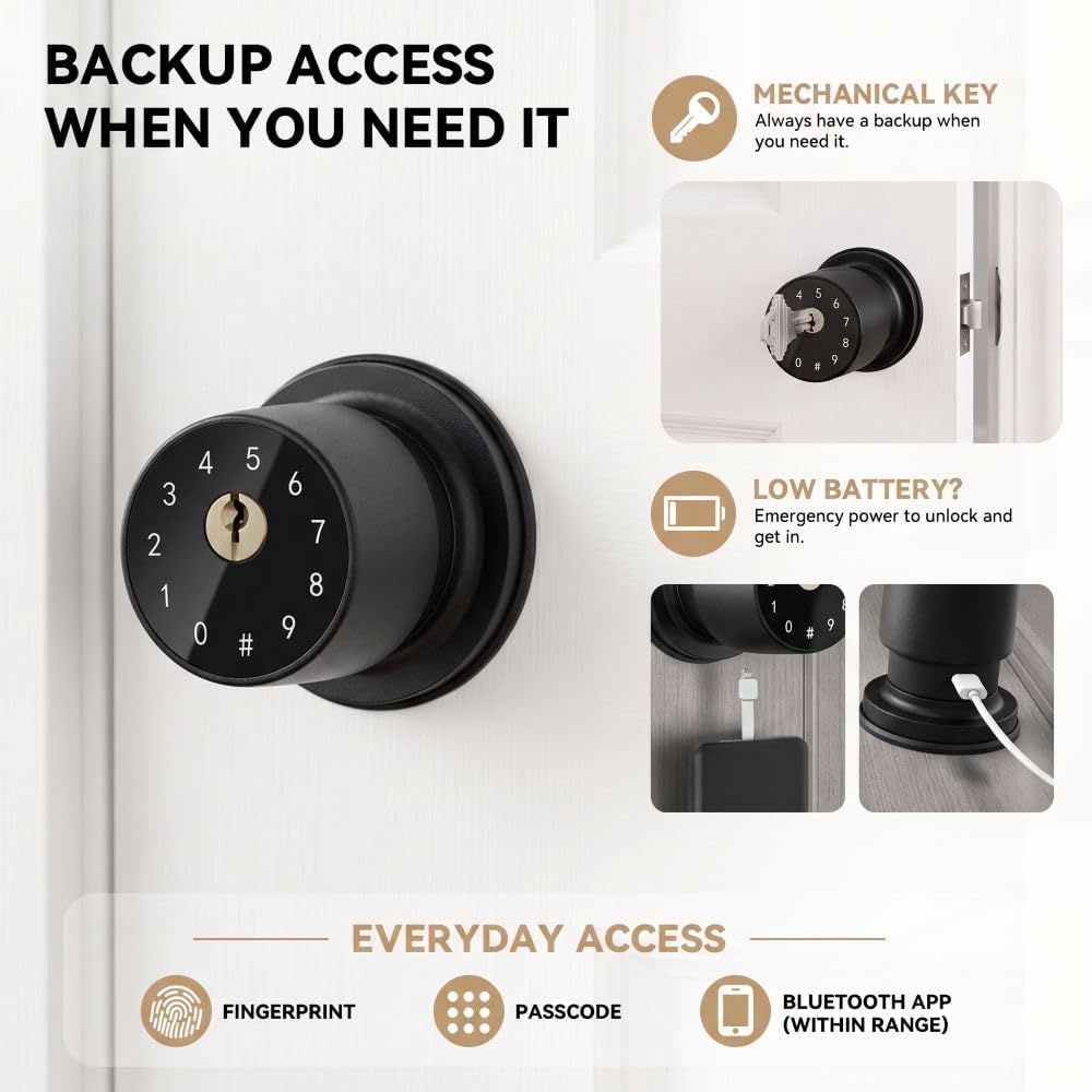 4-in-1 Smart Fingerprint Door Knob with App and Keypad, Matte Black