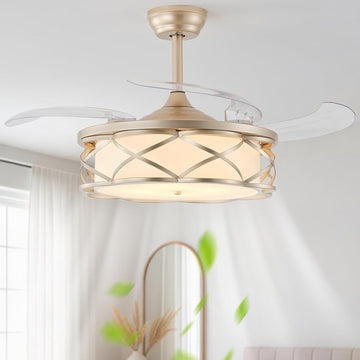 42" Gold Retractable Ceiling Fan with Light, Gold Fandelier Ceiling Fan with Light, Hidden Ceiling Fan with 6 Speeds