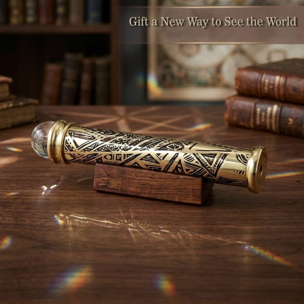 Brass Teleidoscope with Tribal Art Etched Barrel - Polished Lacquer-Coated, Front Surface Mirror, Crystal Ball Lens