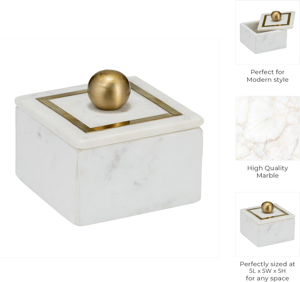 Minimalist Decorative Box Decor - Marble Keepsake Box with Brass Inlay & Lid - Ideal Jewelry Box and Modern Home