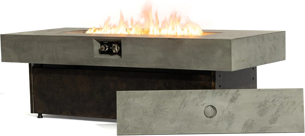 56" Fire Table 50000 BTU, Rectangle Outdoor Patio Heater | Brown & grey steel frame, 56x23x18 in, 3 heights