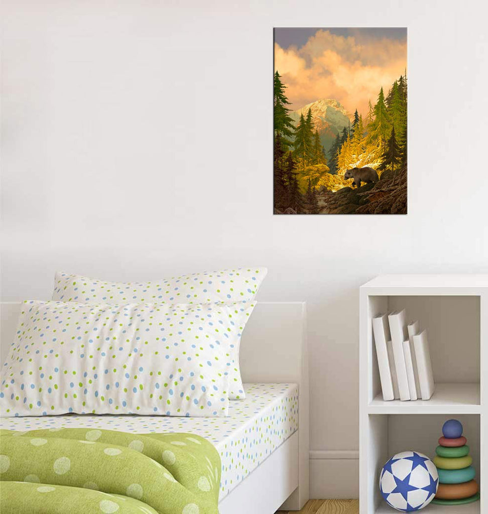 Autumn Mountain Bear Wall Art Nature Canvas Pictures, 20"x28"