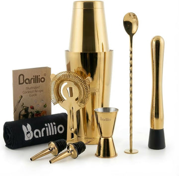 Gold Boston Shaker Set - Stainless-Steel, Weighted Martini Cocktail Shaker Set w/Strainer & Drink Mixer - Mixology - Set of 9