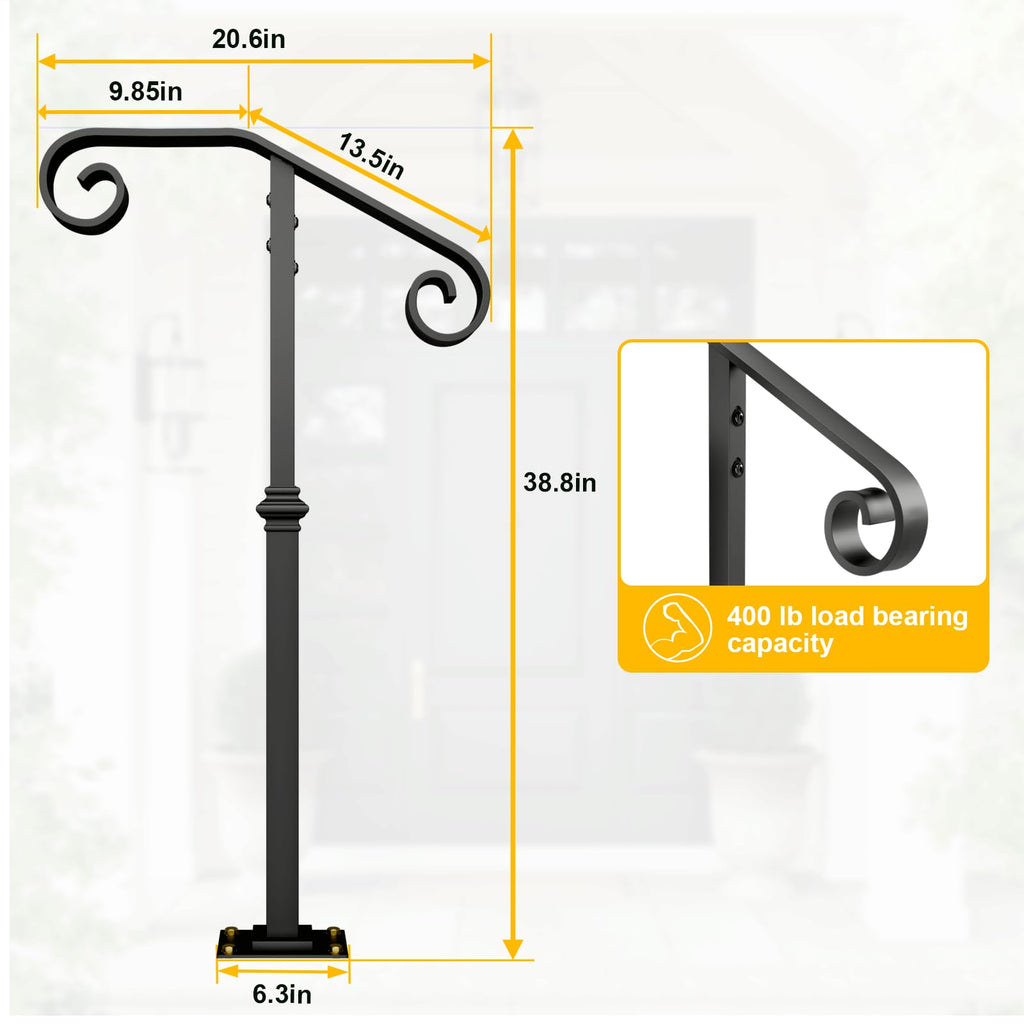 Single Post Handrail, 1 or 2 Steps Handrails for Outdoor Steps, Rust-Proof Wrought Iron Stair Railing for Seniors
