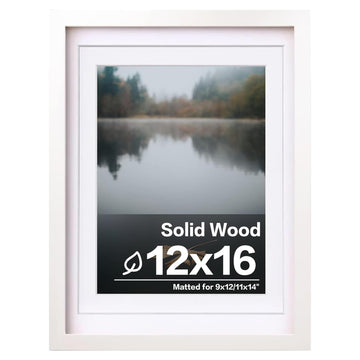 12x16 Picture Frame White Covered by Plexiglass Made of Solid Wood, Display Pictures 9x12 and 11x14 with Mat or 12x16