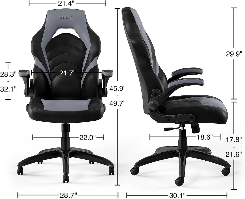 Emerge Vortex Gaming Chair, Adjustable Height, Swivel Black | Racing-style design with sturdy swivel base, ideal for
