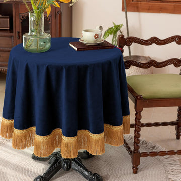 Round Velvet Tablecloth, 48 Inch Navy Blue Decorative Table Cover with Gold Tassel Trim, Heavy Soft Plush Fabric