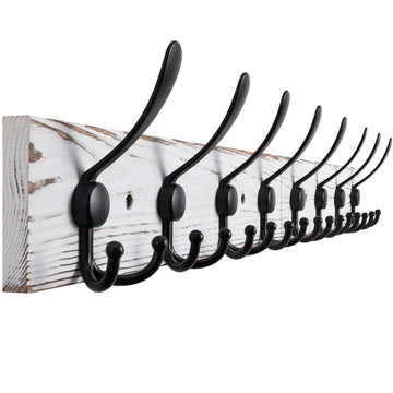 32.2'' Large Coat Rack Wall Mount Coat Hooks with 8 Metal Black Triple-Hooks Old White Pine Real Wood Plank Hat Rack