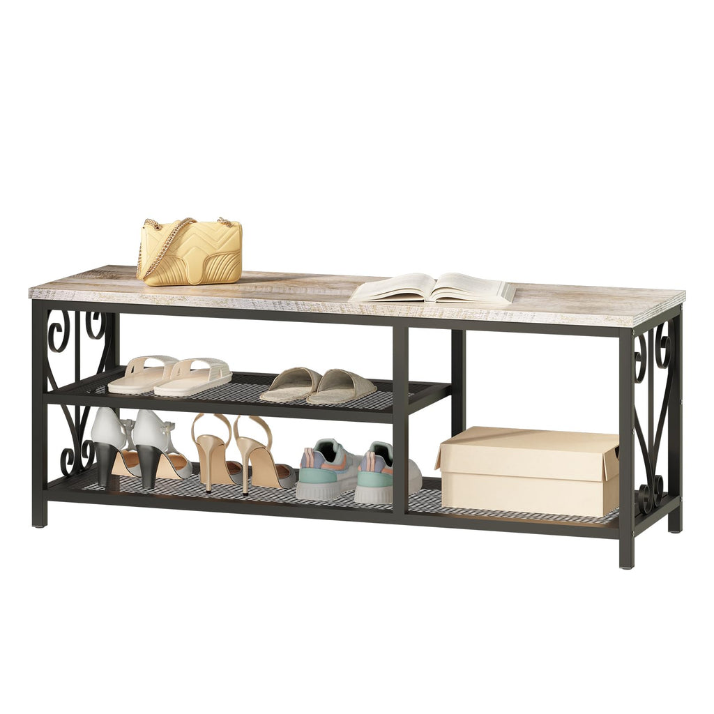 Entryway Storage Bench with Shoe Rack, 47.2" Wide Hallway Bench with Seating, Rustic Wood Top & Metal Frame, 2-Tier