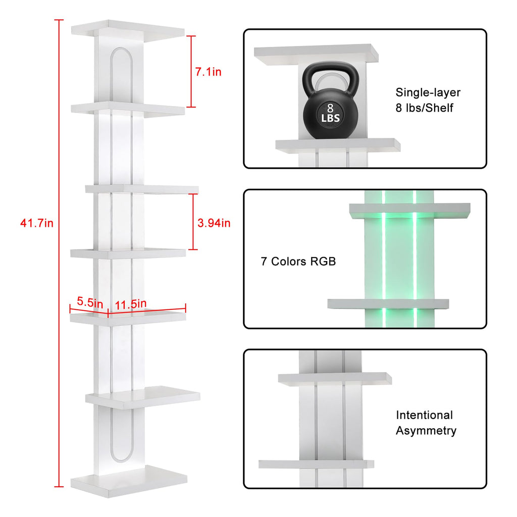 7-Tier Floating Wall Shelves with Led Lights, White