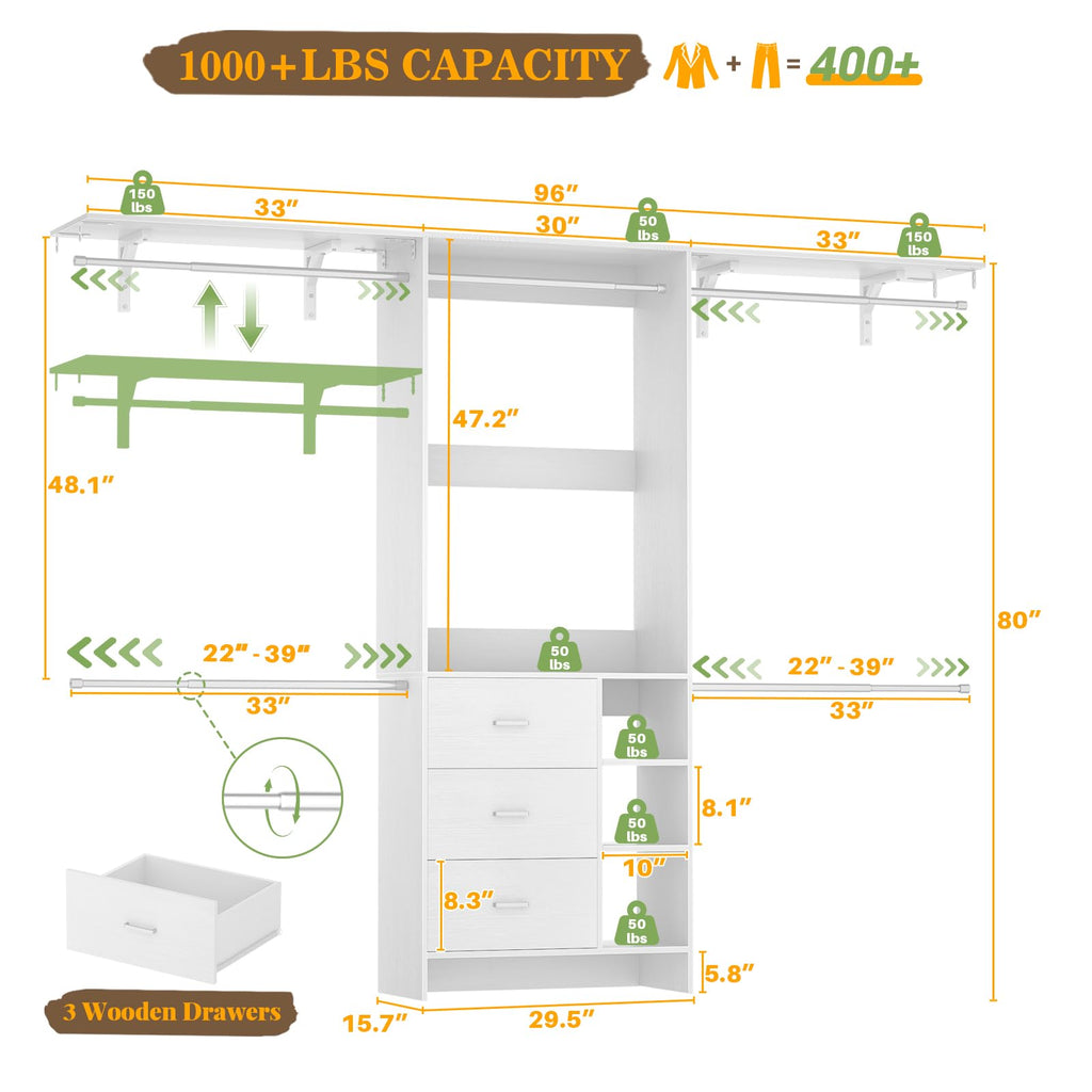 Closet System, Closet Organizer with 3 Wooden Drawers, 8FT Closet Organizer System, 96'' Walk-in Closet Wardrobe