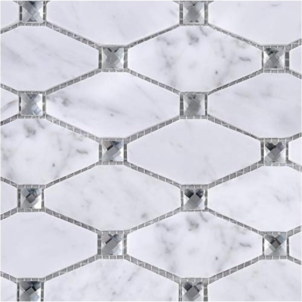 Premium Carrara Diamond Insert Decorative Marble Mosaic Sheet Kitchen Backsplash Wall and Floor, Spa, Pool (Box of 5