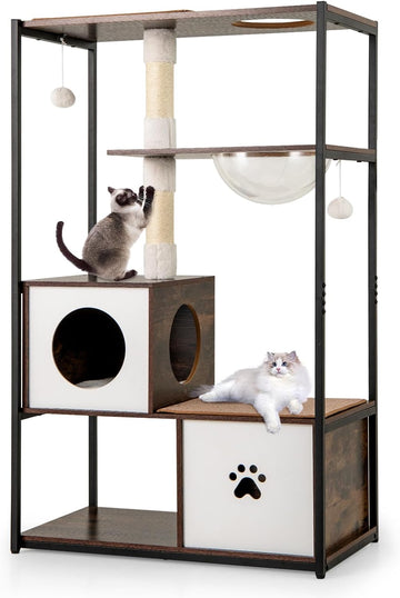 Modern Cat Tree, 52 Inch Multi-Level Cat Tower with Metal Frame, 2 Wooden Condos, Sisal Scratching Posts, Detachable