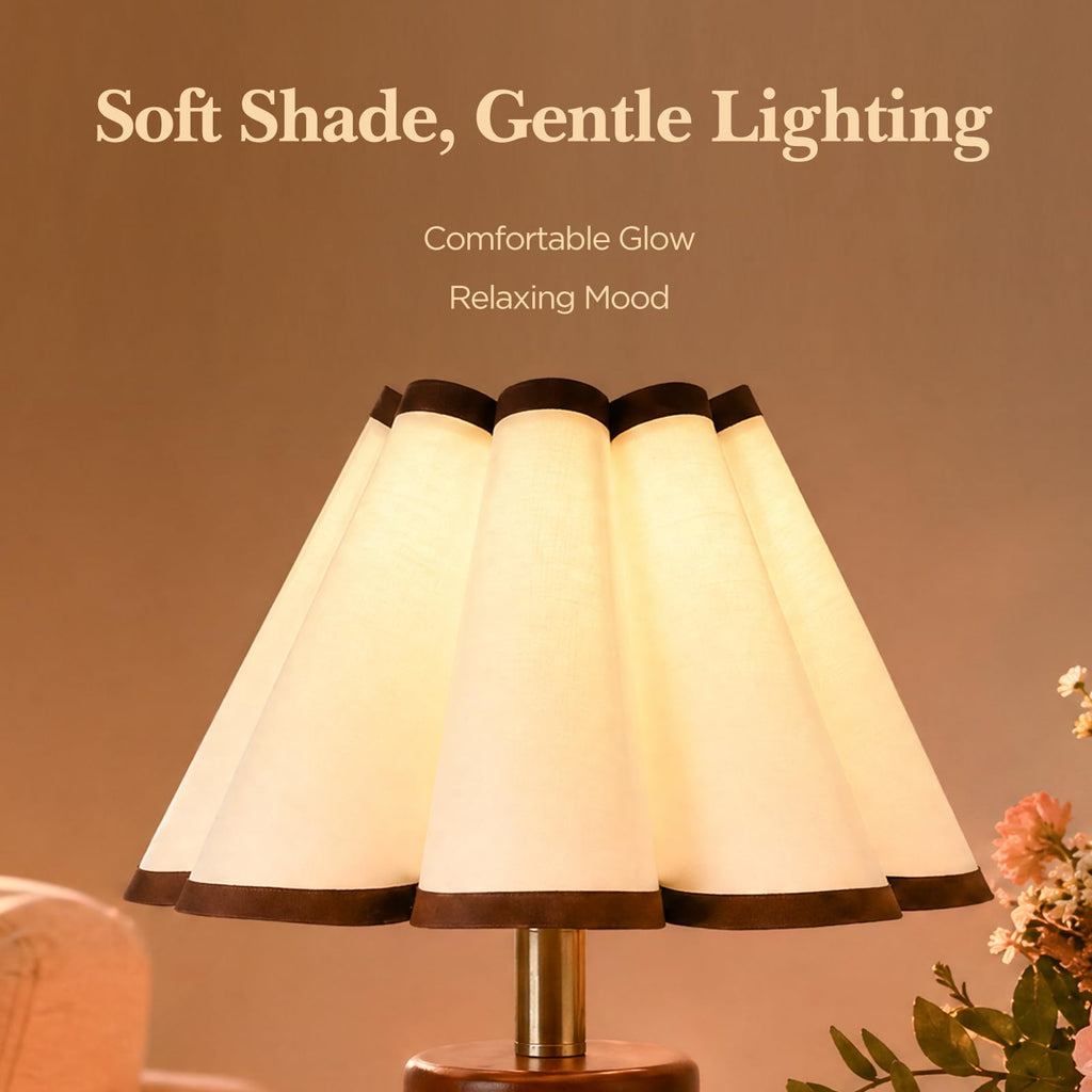 ModernTable Lamp, 12.6" Small Nightstand Light with Pleated Linen Shade&Solid Wood with Walnut Finish Base, Bedside