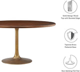 Lippa 60 Inch Round Wood Dining Table with Metal Pedestal in Brass Walnut - Modern Industrial Dining Table for 6