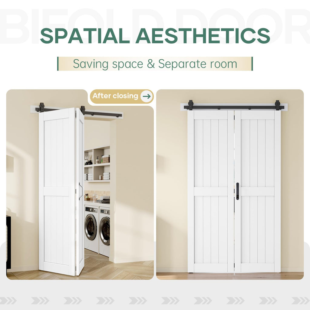 48x84in Bifold Barn Door with Hardware Kit, White Sliding Closet Doors 2 Panels with 52'' Track, Waterproof MDF