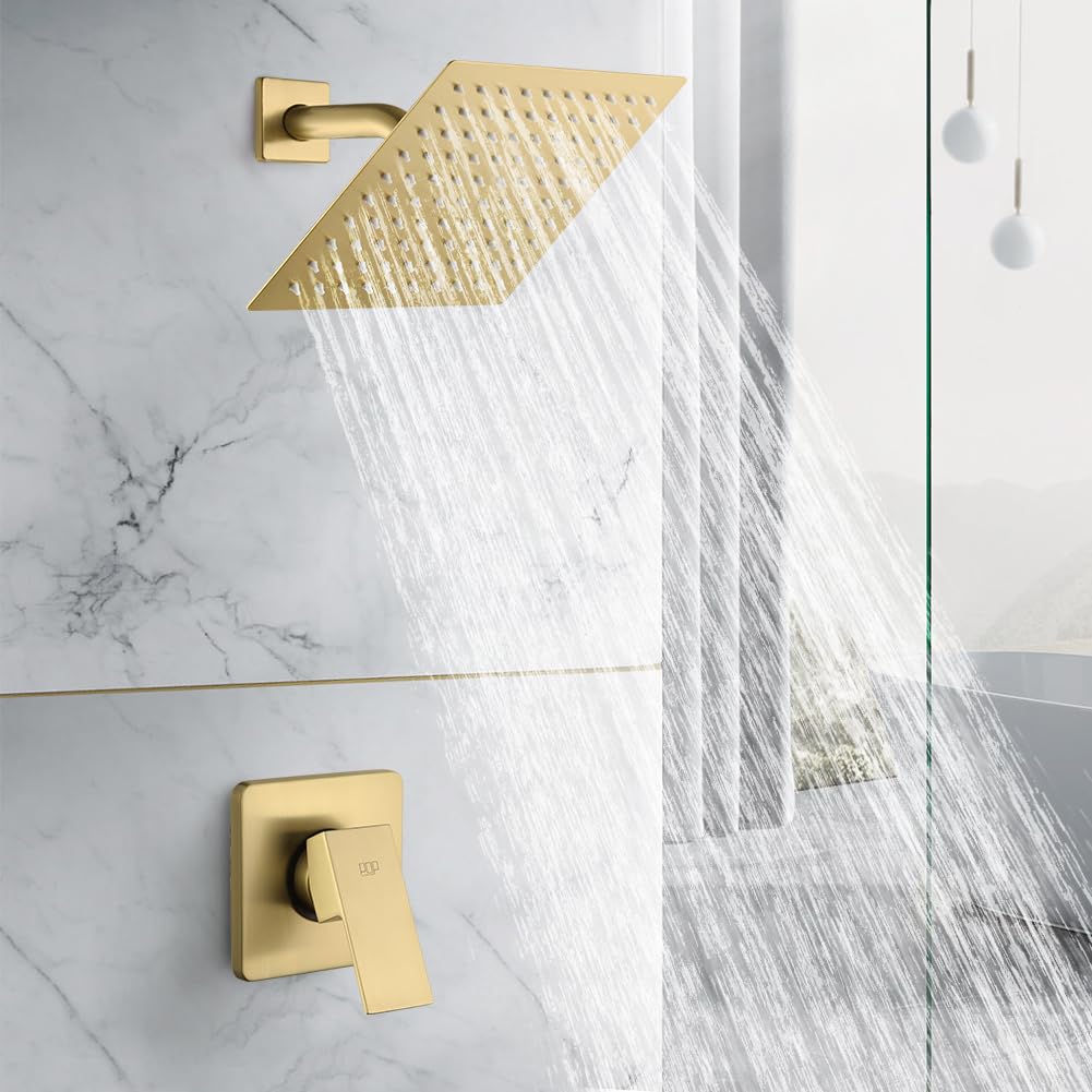 Shower Faucet Set Brushed Gold Bathroom Rainfall 8 Inch Shower Head System, Single Handle Shower Trim Kit with