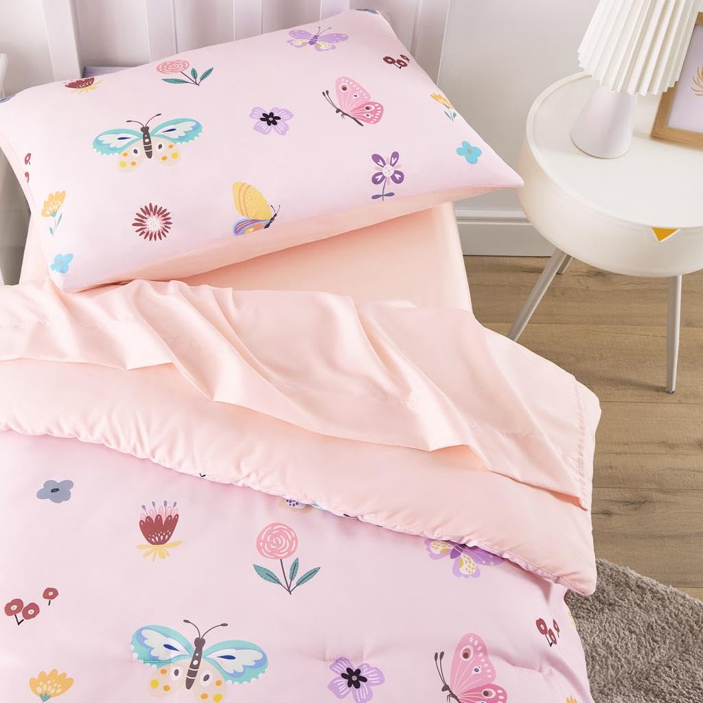 Butterfly Toddler Bedding Set for Girls, Cute Colorful Butterfly with Floral Flowers, 4 Pieces Soft Crib Bed Set