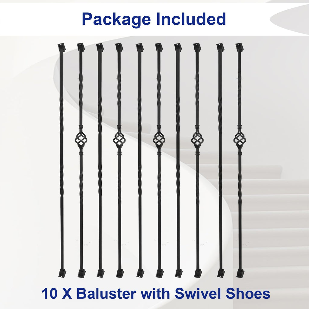10-Pack Wrought Iron Stair Balusters, 44" Basket Twist Design