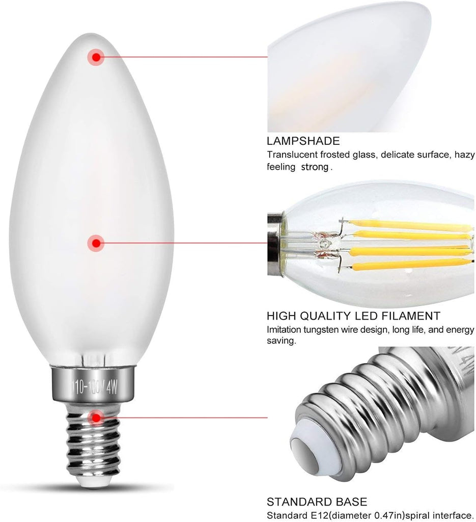Dimmable LED Candelabra Bulb Warm White, 2700k 40W Equivalent E12 Base LED Candle Bulbs, C35 Frosted Glass Torpedo