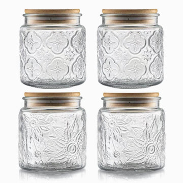 Set of 4 Vintage Glass Airtight Storage Jars, 17 FL OZ Glass Storage Containers with Bamboo Lids, Canning Jar