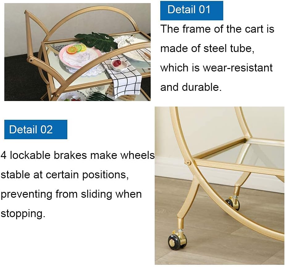 Bar Cart with 2 Mirrored Shelves, Modern Metal Bar Serving Cart, Gold Round Bar Carts for The