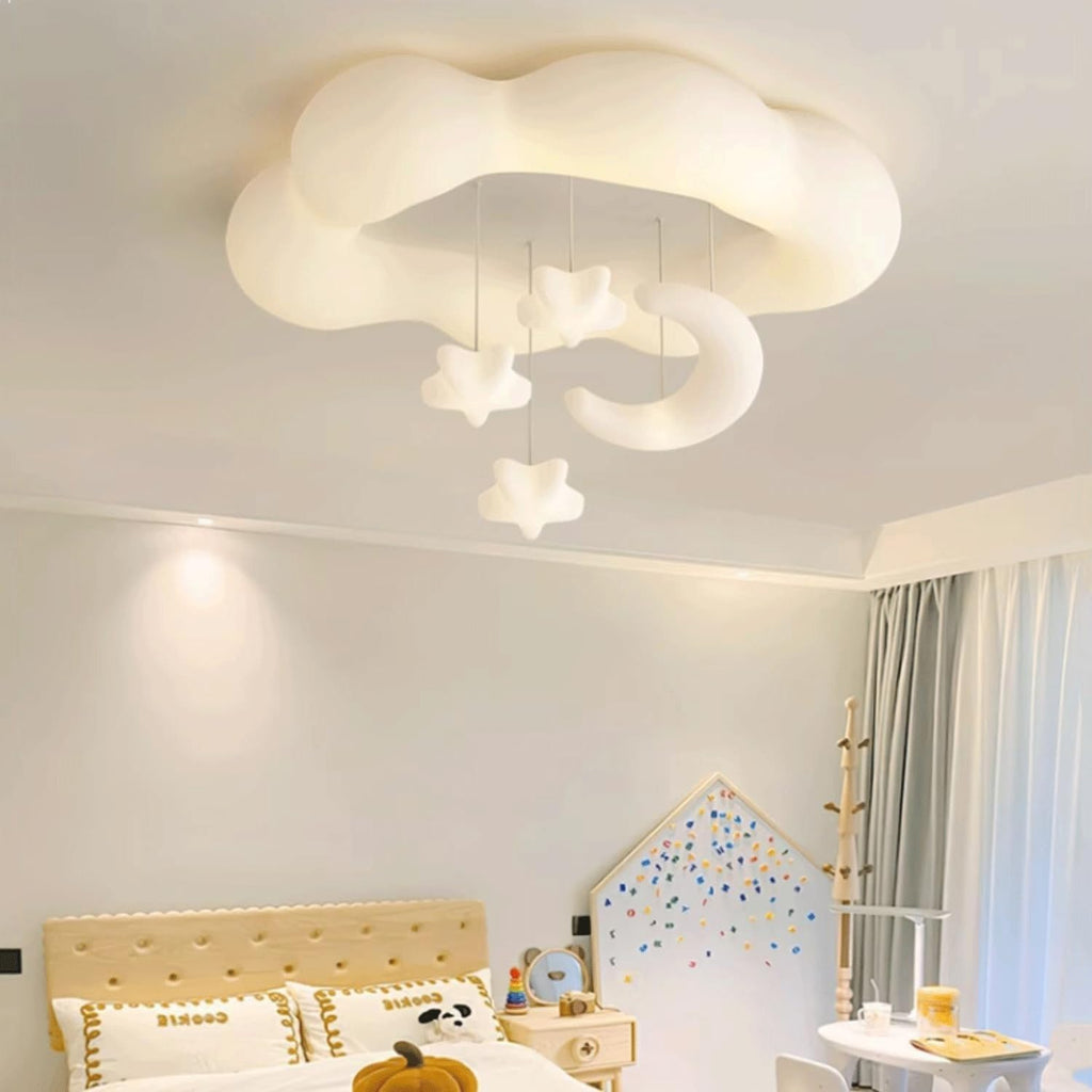 23.62 X 16.93 Inches Modern Milk White Cloud Kids Bedroom Ceiling Light, LED Flush Mount Nursery Ceiling Lamp, Moon