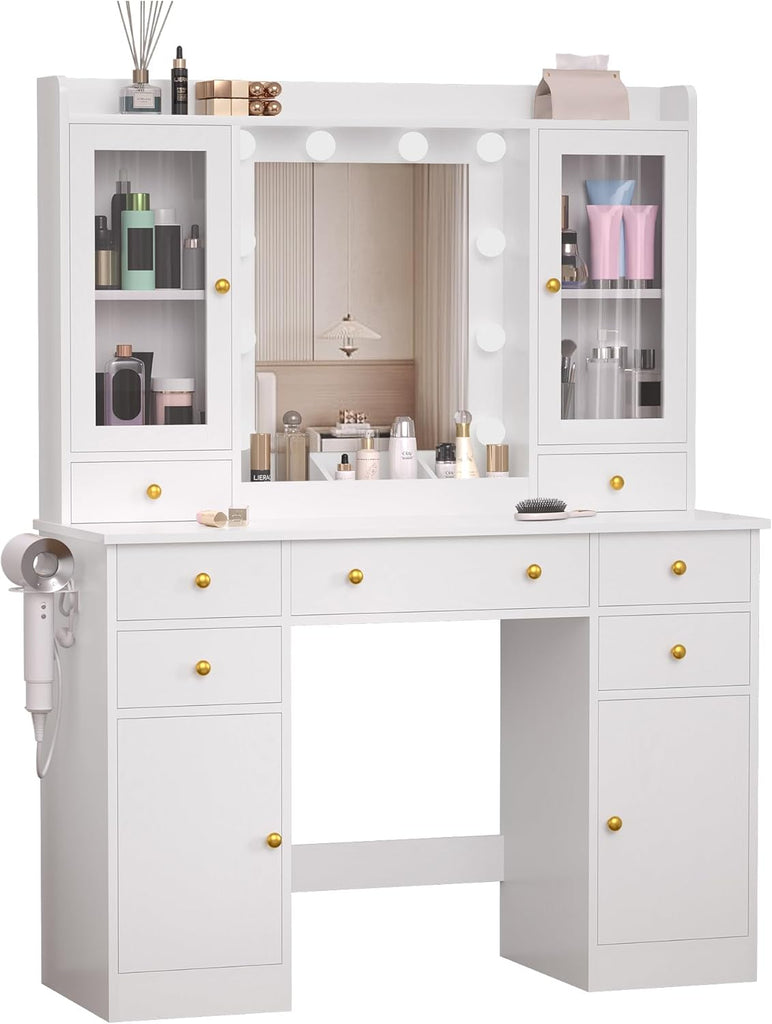 White Makeup Vanity Desk with Mirror and Lights, Smart RGB Light | Vanity Table with Charging Station & 7 Drawers