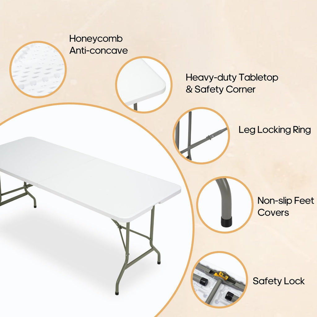 Folding Table 6ft, Heavy-Duty 500lbs Weight Capacity Foldable Table with HDPE Top & Steel Legs, Portable 6 Foot