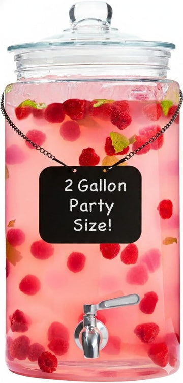 2 Gallon Glass Drink Dispenser with Spout for Parties - Tall Airtight Mason Style Beverage Serveware Stand with Metal