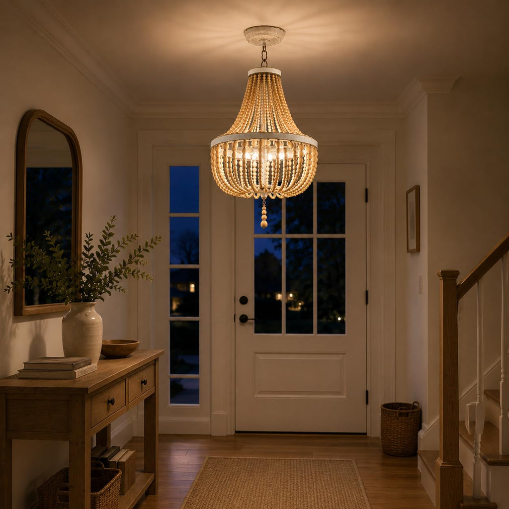 3-Light Mini Bohemian Wood Beaded Chandelier Pendant Boho Light Fixture, Antique Metal Finish Natural Color Wooden