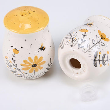 Salt & Pepper Set - features bees buzzing over flowers with yellow accents. Shakers include unique openings to tell - Set of 5