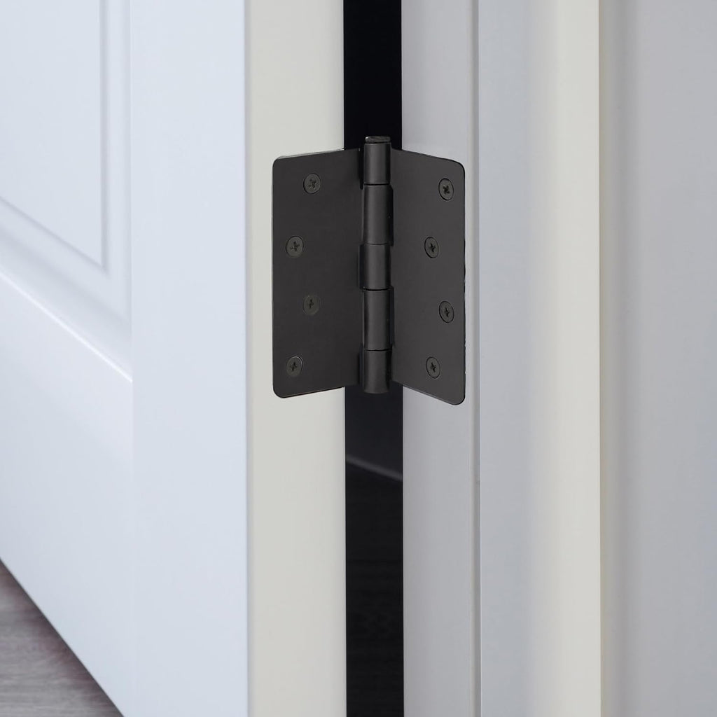 Interior Door Hinges, 4.0 in. x 4.0 in., Rounded, 1/4-in. Radius, Steel, Pre-Lubricated, Door Hardware, Matte Black