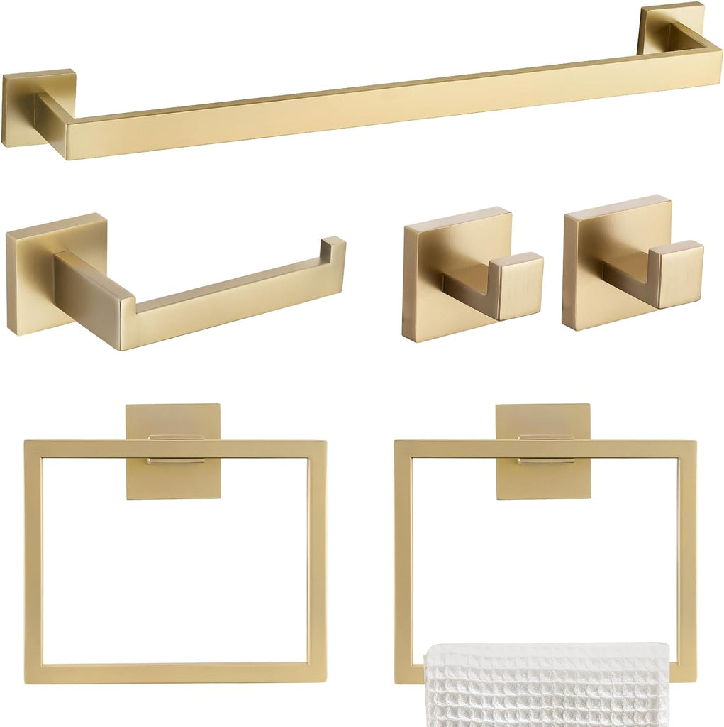 6-Piece Bathroom Towel Bar Sets Brushed Gold 23.6 inch Towel Bar Stainless Steel Towel Ring Coat Hook and Toilet