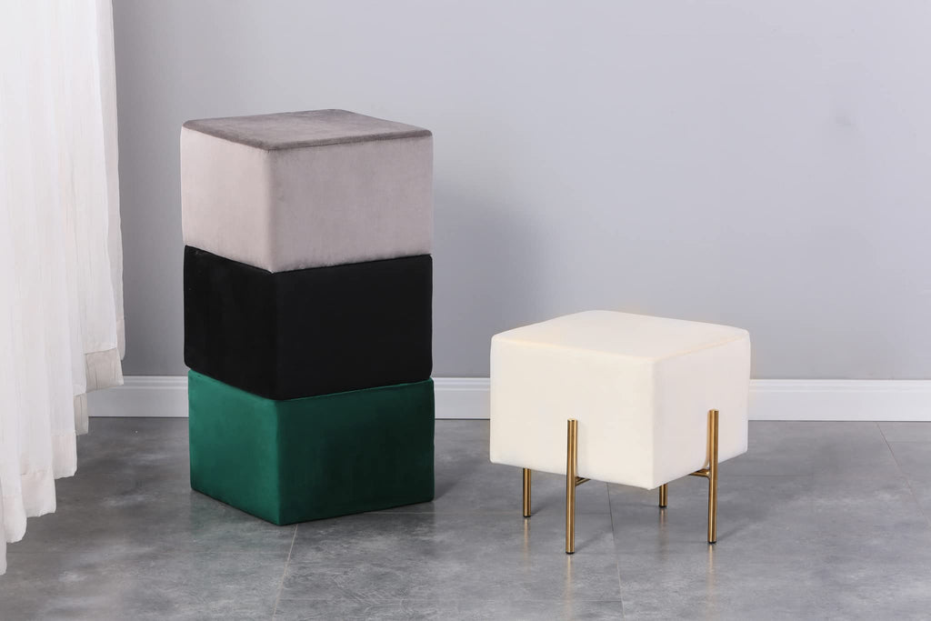 Cream Velvet Foot Stool Set of 2, Modern Vanity Ottoman Stools with Gold Legs, Cube Accent Foot Rest Bedroom Makeup