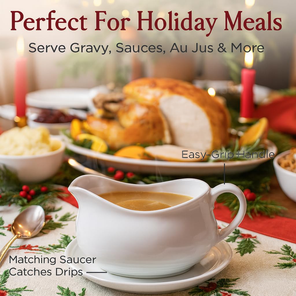 Hotel Gravy Boat With Saucer, Fine Porcelain, 24-Ounce Capacity For Gravy, Sauce, Au Jus, Dressing, Holiday Meals