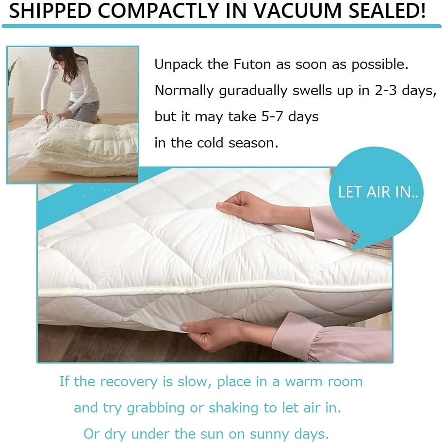 Japanese Futon Mattress Set (Mattress, Comforter & Pillow) with Covers (White) Made in Japan, Cotton