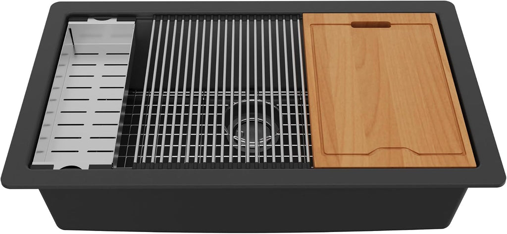 33" Undermount Quartz Composite Workstation Sink, Black | Black workstation sink includes cutting board, colander