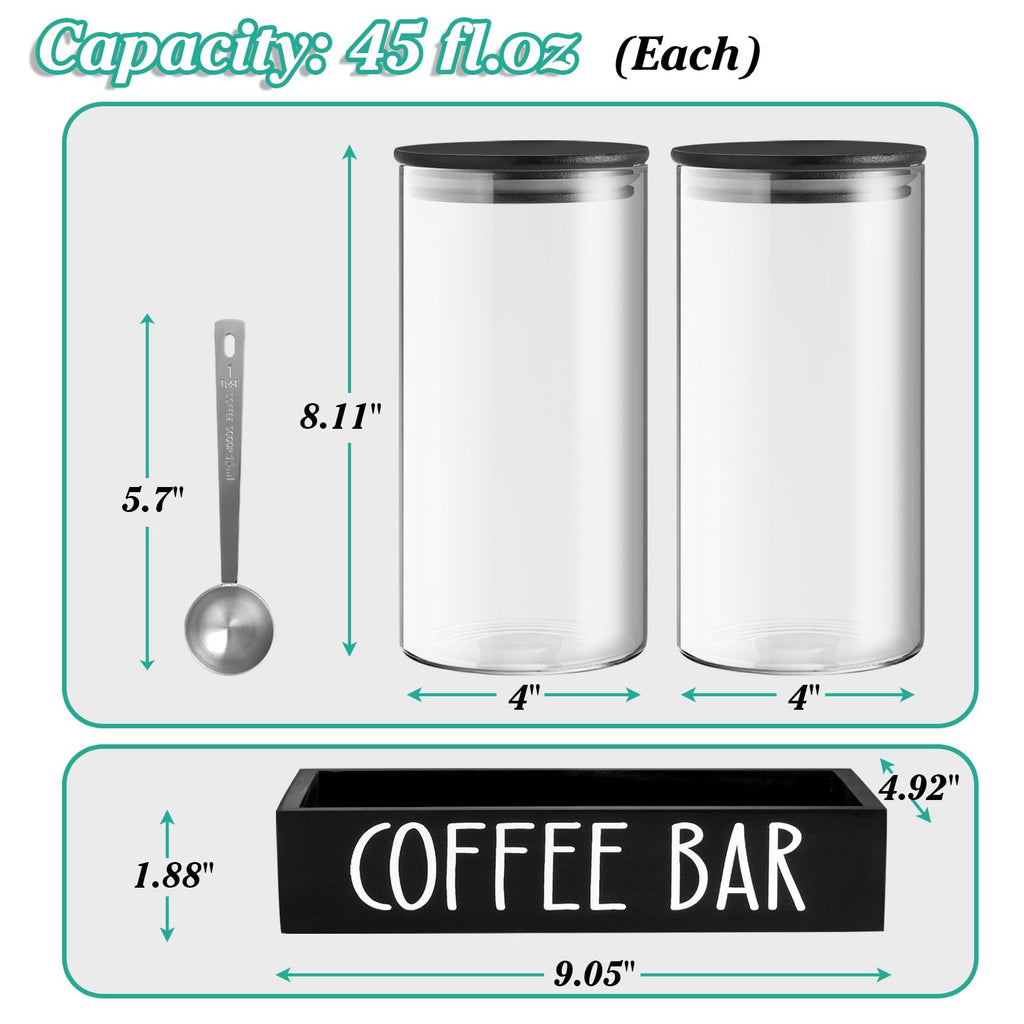 Glass Coffee Canister for Ground Coffee - 2Pcs 45oz Coffee and Sugar Container Set with Airtight Bamboo Lids and