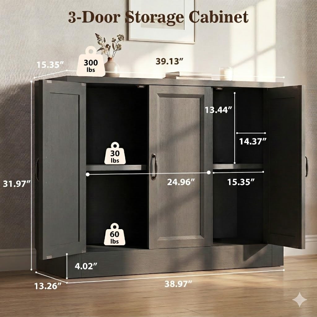 39" Modular Buffet Sideboard Cabinet, Expandable Storage Cabinet System, 3-Door Coffee Bar Cabinet with Adjustable