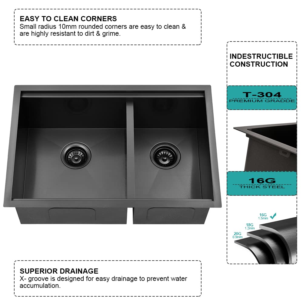 33x19 Black Undermount Kitchen Sink Double Bowl Workstation Sink