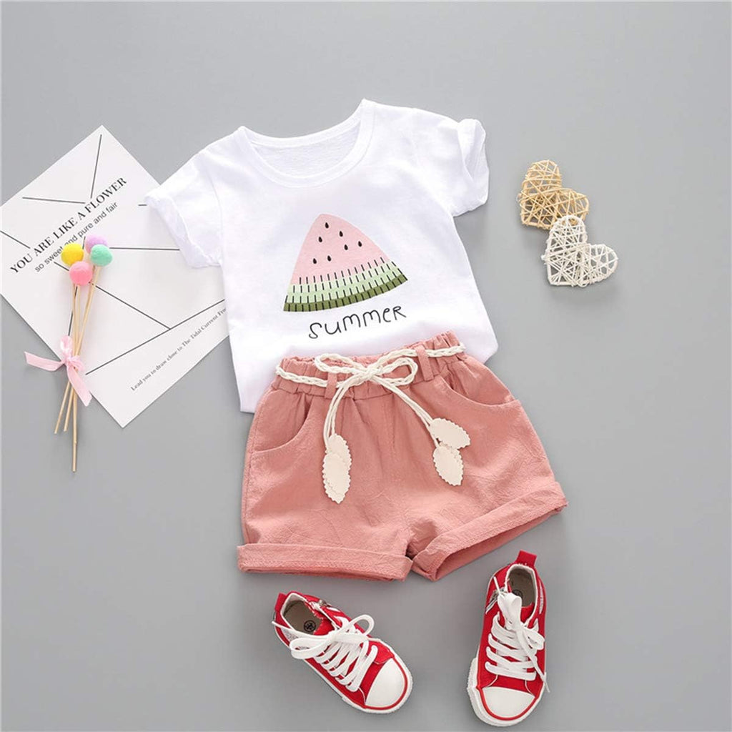 Toddler Baby Girls Clothes Watermelon T-shirt + Linen Shorts with Belt Cute Summer Short Set