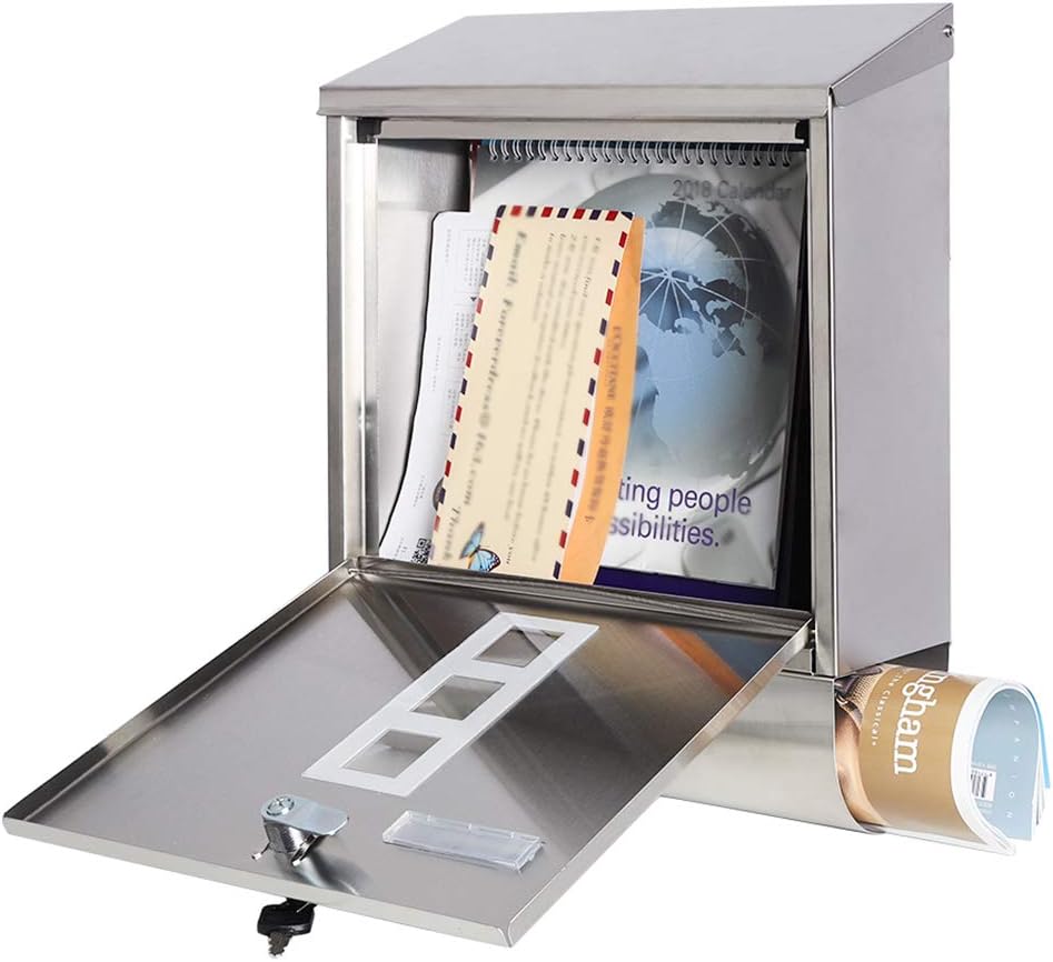 Locking Wall Mount Mailbox, Stainless Steel Mailboxes with Secure Key Lock and Newspaper Compartment, HPB2203 Silver