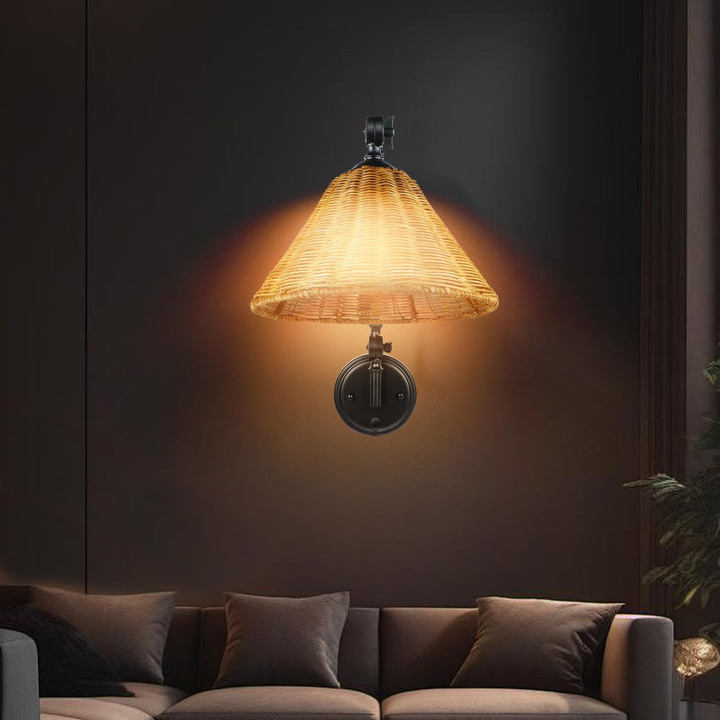 Rattan Plug in Wall Sconce Set, Plug in Cord and Dimmer