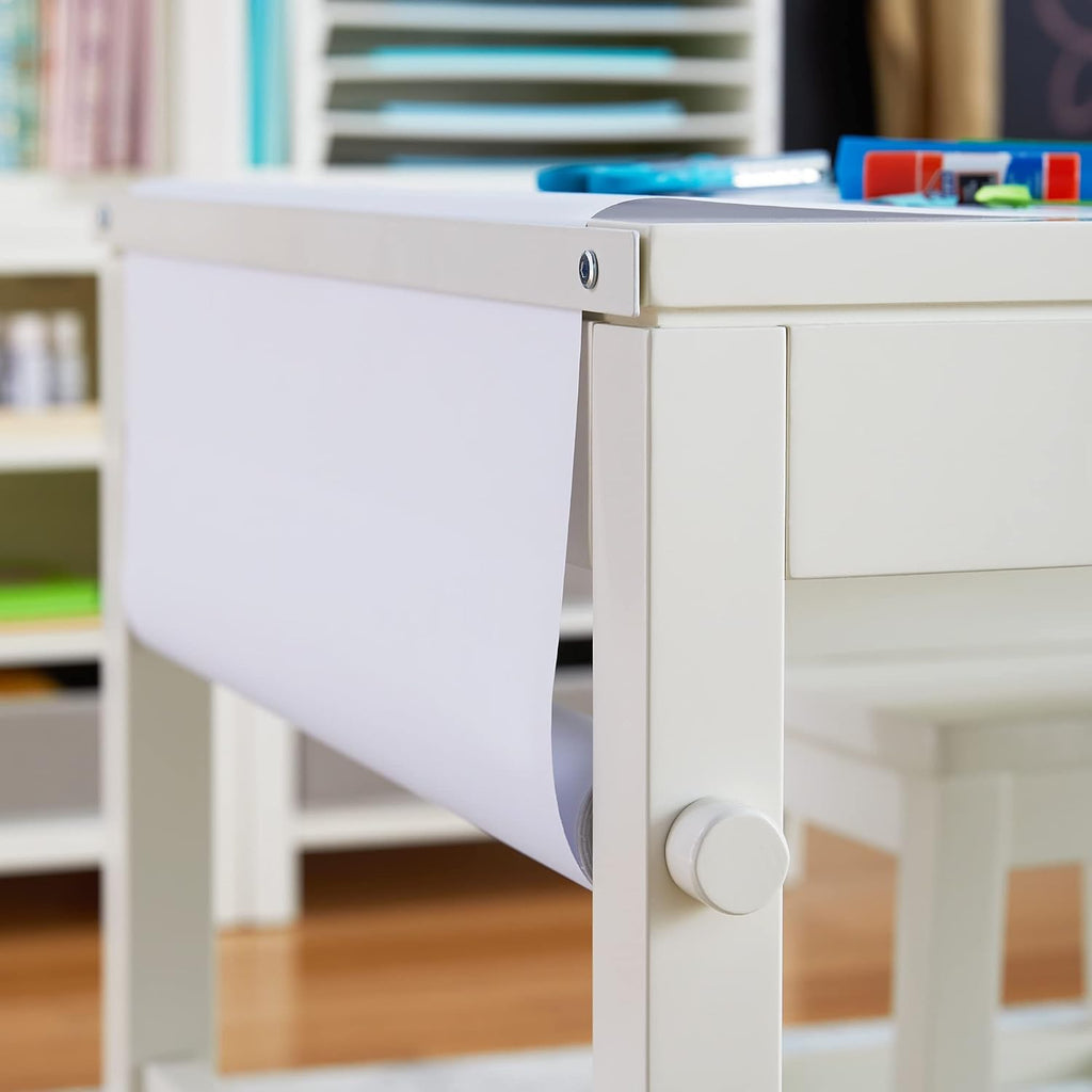 Crafting Kids Art Table with Paper Roll - Linen White: Kids Craft Desk and Art Organizer for Kids | Wooden Toddler