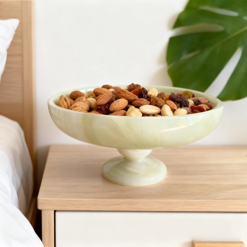 Hand-Carved Natural Jade Onyx Centerpiece - Artisan Serving Tray with Sculpted Pedestal, Luxury Home Decor for Dining