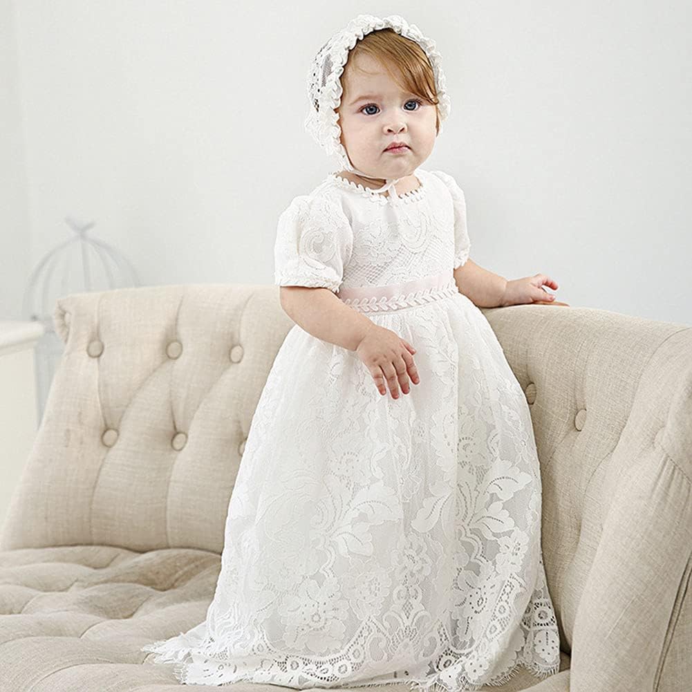 Baby Girls Lace Dress Christening Baptism Gowns Outfit with Bonnet