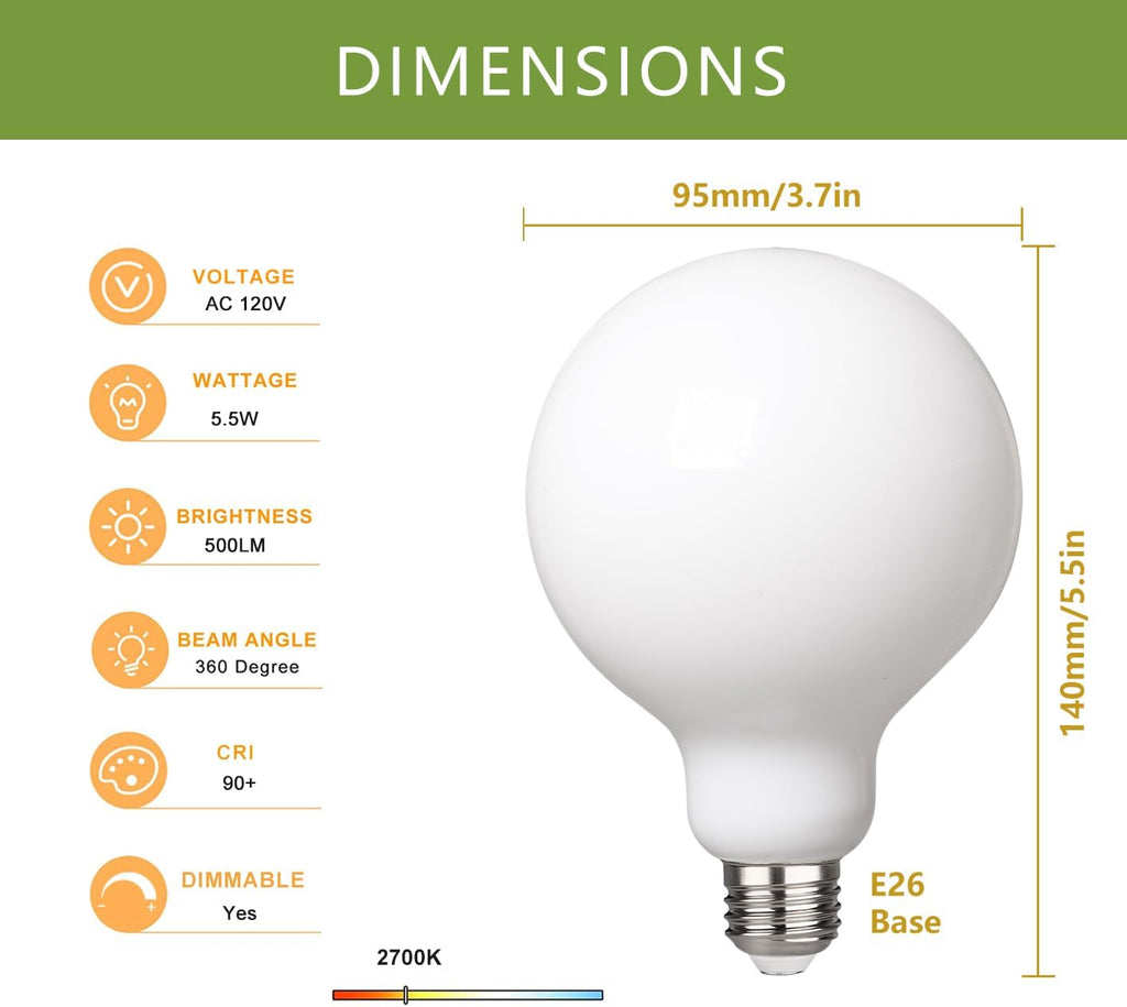 G30 LED Globe Light Bulbs, E26 Base, Warm White 2700K, 2 Pack